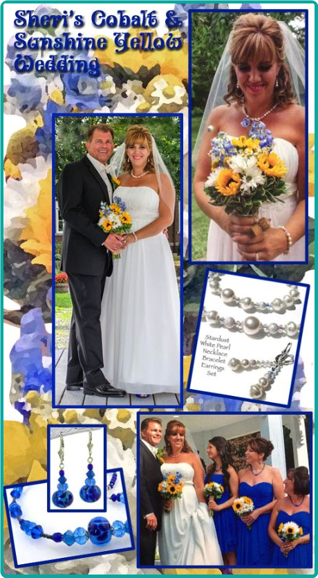 Custom bridesmaid jewelry in cobalt blue, sunshine yellow and daisy white