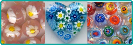 Examples of Venetian millefiori beads, showing the little flowers embedded in the glass.