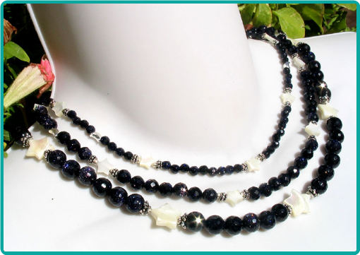 Sparkling midnight blue and pearly white stars 3-strand necklace