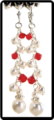 White Pearl and Red Crystal Cluster Earrings