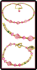 Rose Crystal, Gold Cloisonne Necklace & Bracelet