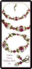 Fuchsia Flowers Porcelain Bead Necklace with Crystals and Pearls