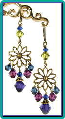 Brass Daisy Chandelier Earrings with Purple and Blue Crystals