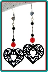 Lacy Black, Red and Silver Heart Earrings