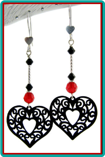 Lacy Black, Red and Silver Heart Earrings
