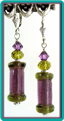 Purple and Olive Lampwork Tube Earrings