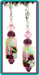 Amethyst and Pink Flower Barrel  Earrings