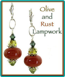 Olive and Rust Lampwork and Crystal Earrings