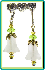 Frosted White Bellflower Earrings with Lime Crystals