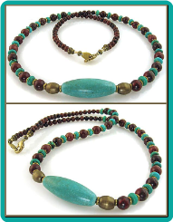 Turquoise Oval, Antiqued Brass, and Red Jasper Bead Necklace