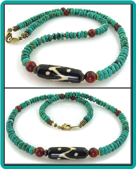 Batik Bead, Turquoise Rondelle and Red Jasper Necklace