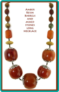 Amber Resin Barrels and Mixed Stones Long Necklace
