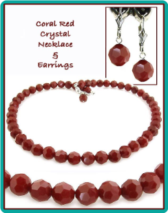 Coral Red Crystal Necklace & Earrings