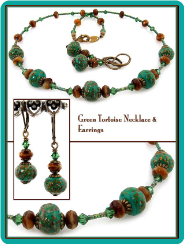 Green Tortoise Handmade Lampwork Bead Necklace & Earrings