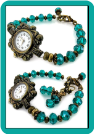 Ornate Brass Watch with Teal Crystals