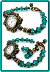 Ornate Brass Watch with Teal Crystals