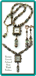 Baroque Green & Antiqued Brass Watch Necklace